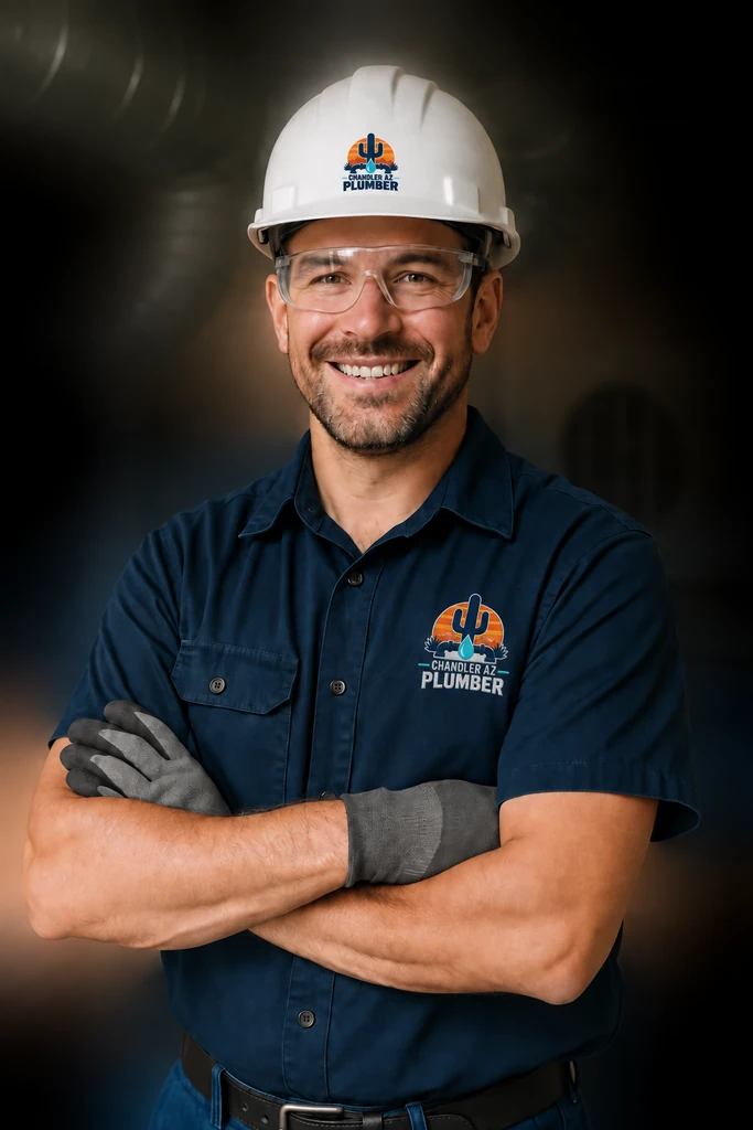 Plumber in a branded shirt and hard hat ready for plumbing service in White Plains, NY