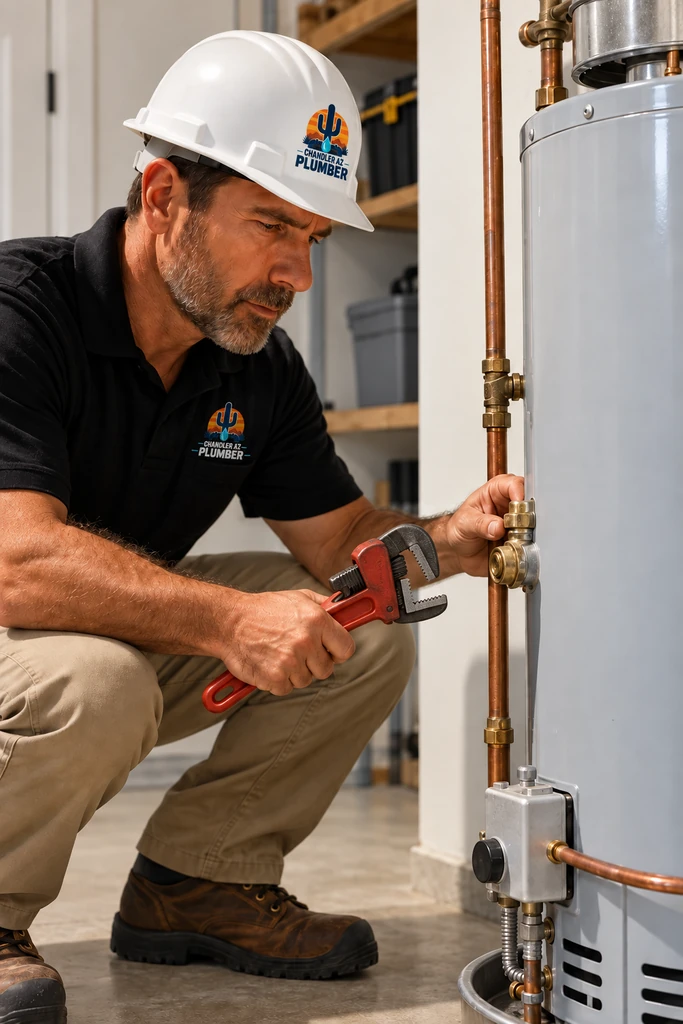 Chandler AZ plumber inspecting a water heater with a pipe wrench